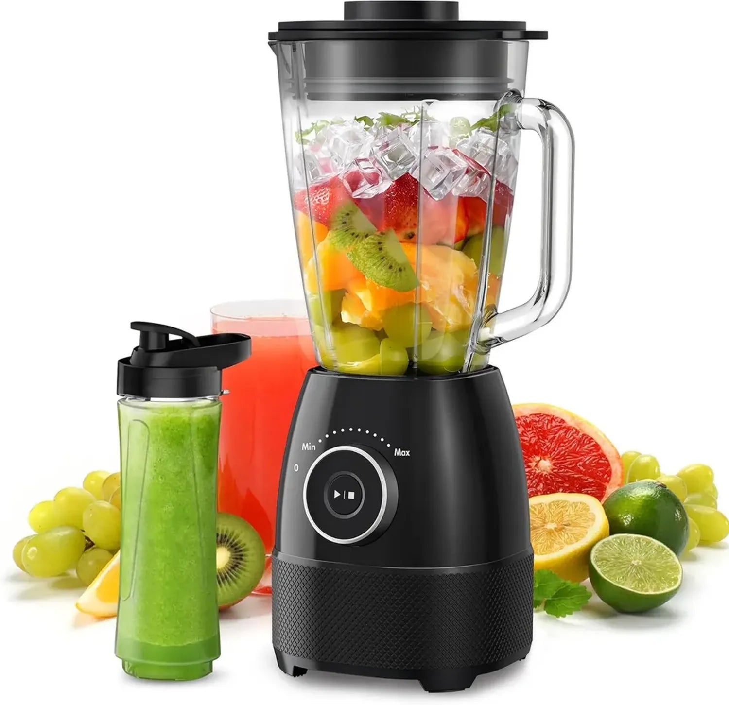 Frullatore Professionale da 1500W con Caraffa in Vetro 1,5L e Borracce da 600ml, Multivelocità e Lama Inox per Frullati e Alimenti