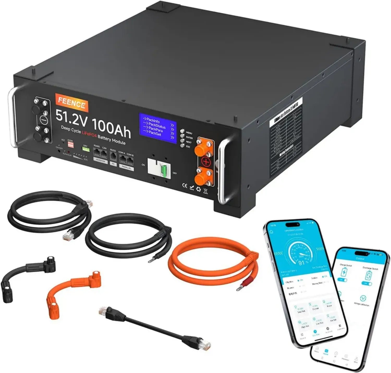 Batteria al Litio LiFePO4 48V 100Ah 5.12kWh con BMS 100A, compatibile con inverter a bassa tensione, ideale per sistemi solari fotovoltaici domestici