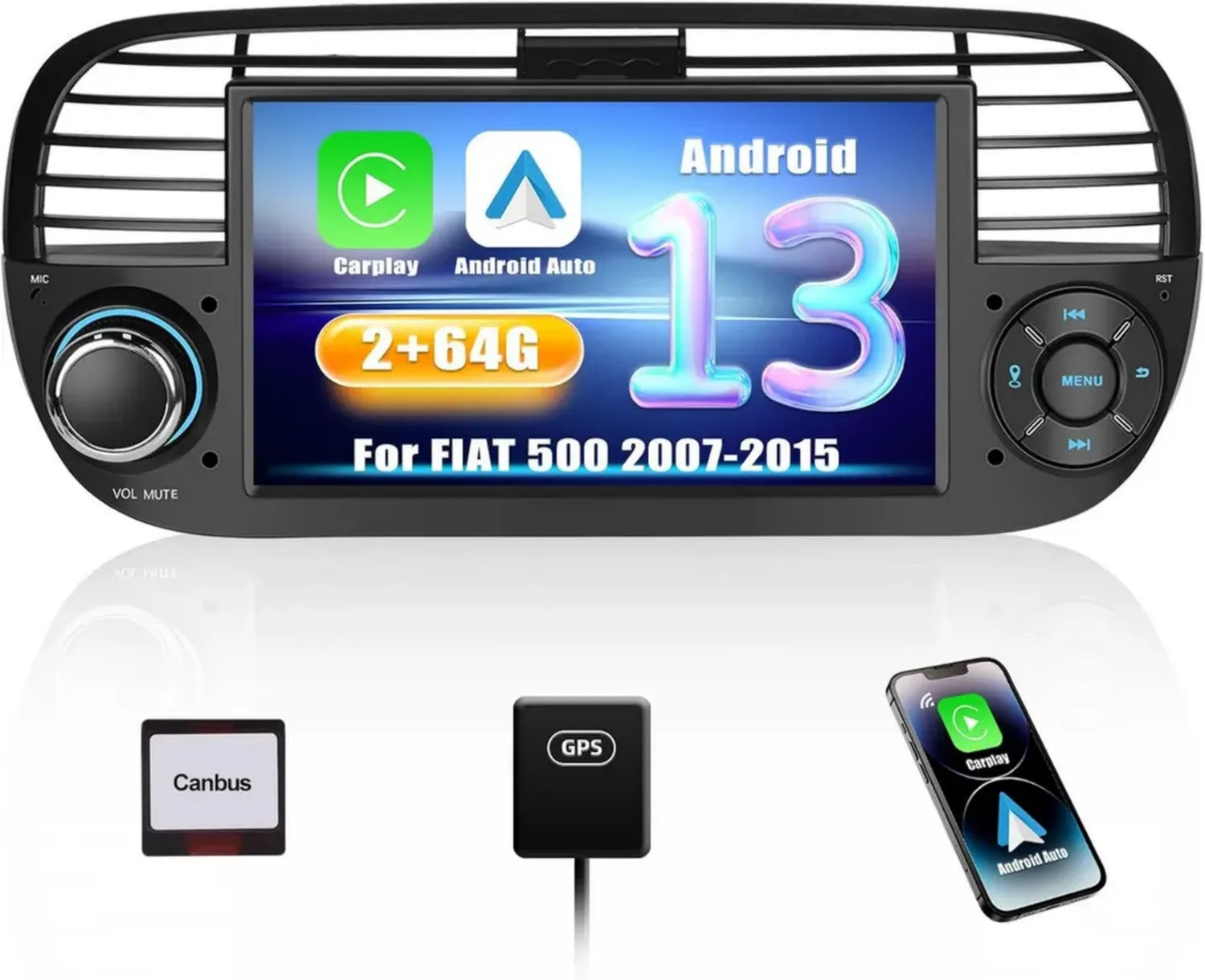 Autoradio Android 13 7'' per FIAT 500 2007-2015 con CarPlay e Android Auto